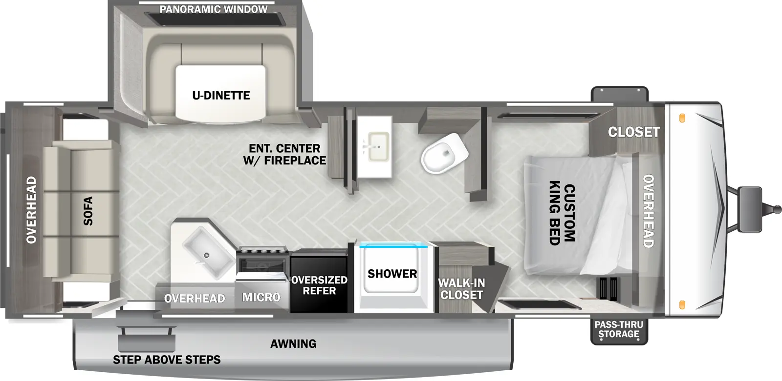 The Evo Southwest T2410RLL floorplan has one entry and one slide out. Exterior features include: metal exterior and 16' awning. Interiors features include: u-dinette, front bedroom, rear living and pass through bathroom.